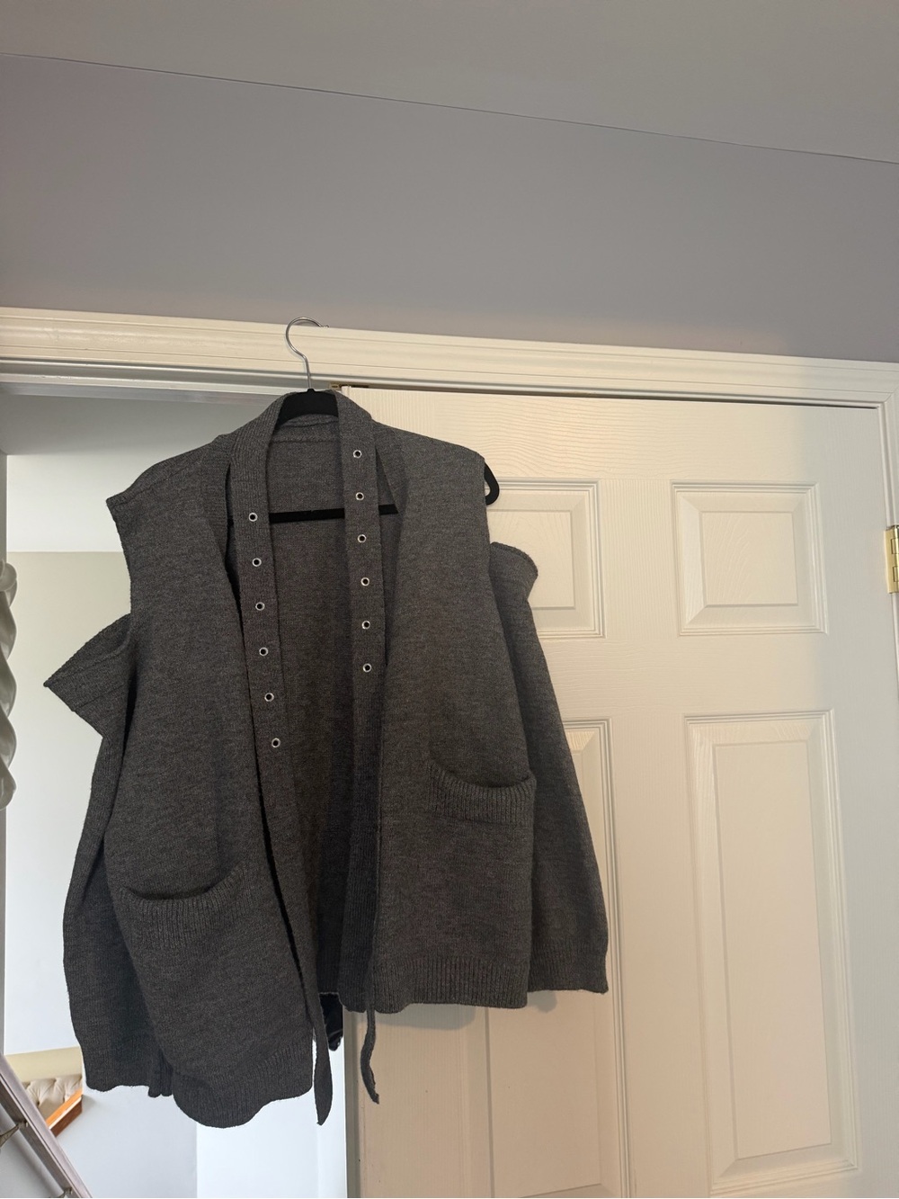 Women's Dark Gray Open-Front Knit Vest with Eyelet Trim